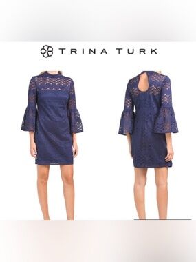 Trina Turk lace 3/4 bell sleeves navy blue lined mini dress size 8 NWT $228